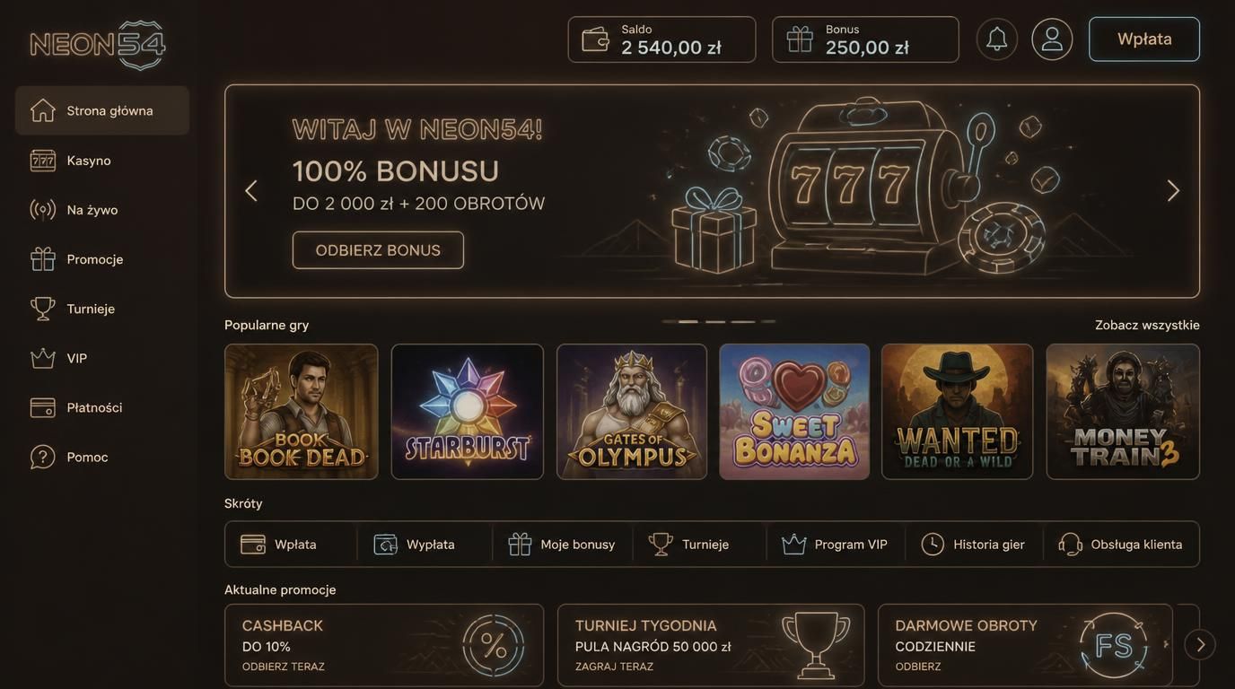 aplikacja z saldem i bonusem widocznymi, menu skróty, pasek promocji