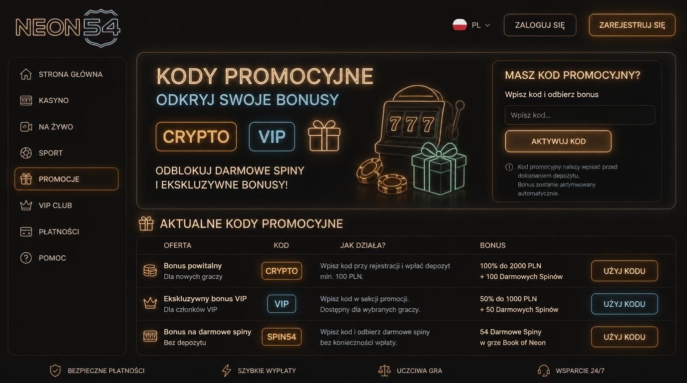 Tabela kodów bonusowych Neon54 dla graczy z Polski