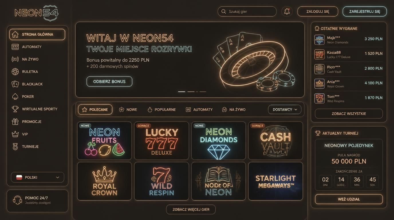 Formularz rejestracji Neon54 z polskim adresem, PLN i numerem telefonu.
