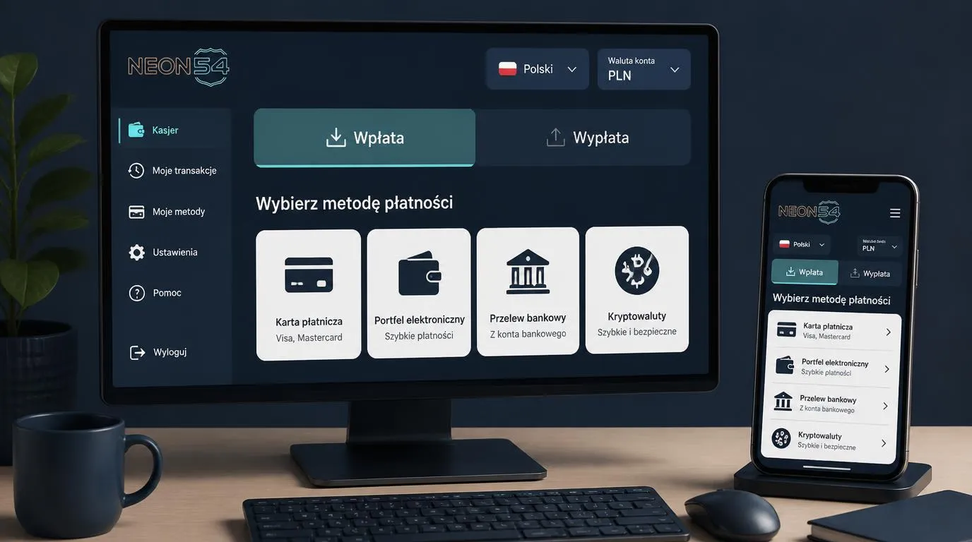Panel kasy kasyna z saldem w PLN, wyborem płatności oraz polską wersją językową